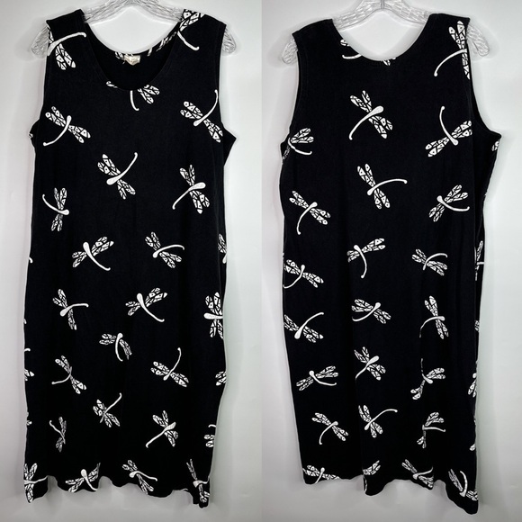 Cotton Fields By M.Mac Black Dragonfly Sun Dress Size Medium - Picture 1 of 9